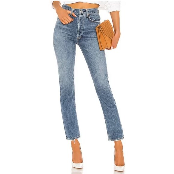 Agolde Riley High Rise Straight Leg Crop Slim Skinny Moore Blue Denim Jeans 25 - Picture 1 of 11